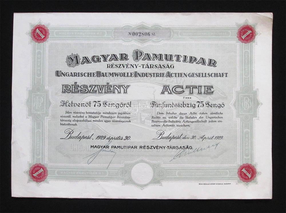 Magyar Pamutipar részvény 75 pengõ 1929